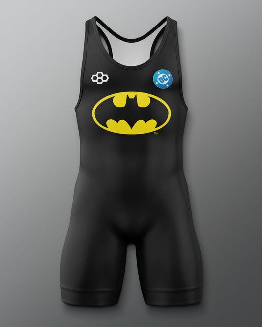 Front view of the black RUDIS Batman Logo Elite 2.0 wrestling singlet featuring the yellow Batman logo, DC emblem, and RUDIS mark.