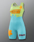 Angled front view of the RUDIS Scooby-Doo Mystery Machine Women's Elite 2.0 wrestling singlet with lime green and turquoise color blocking, orange flower graphics, and Scooby-Doo branding.