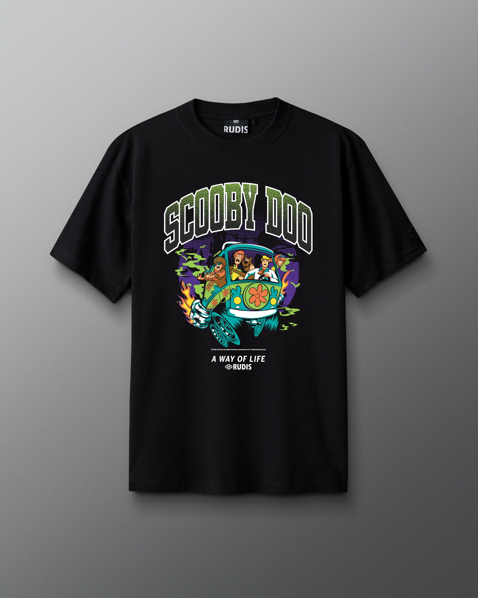 RUDIS Scooby-Doo Relaxed Cotton T-Shirt in black, front view featuring a colorful Mystery Machine graphic with Scooby-Doo characters, bold Scooby-Doo lettering, and A Way of Life branding.