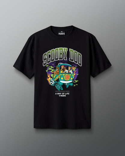 RUDIS Scooby-Doo Relaxed Cotton T-Shirt in black, front view featuring a colorful Mystery Machine graphic with Scooby-Doo characters, bold Scooby-Doo lettering, and A Way of Life branding.