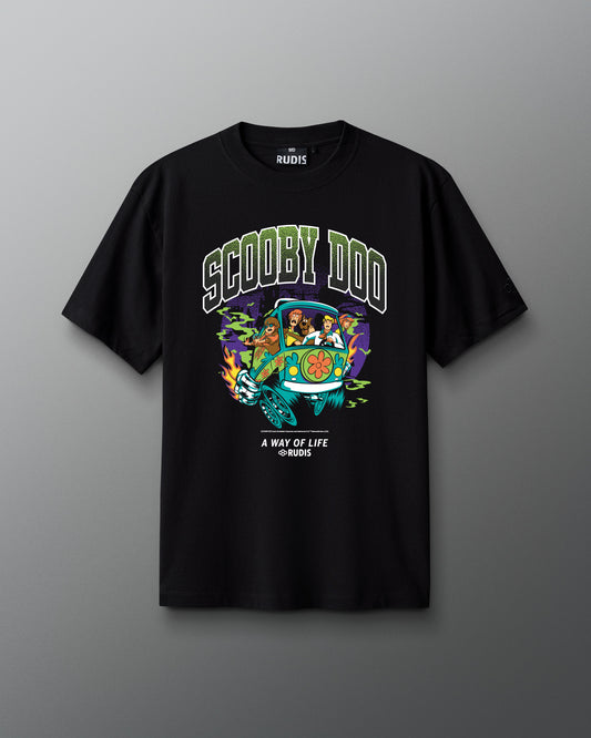 RUDIS Scooby-Doo Relaxed Cotton T-Shirt in black, front view featuring a colorful Mystery Machine graphic with Scooby-Doo characters, bold Scooby-Doo lettering, and A Way of Life branding.