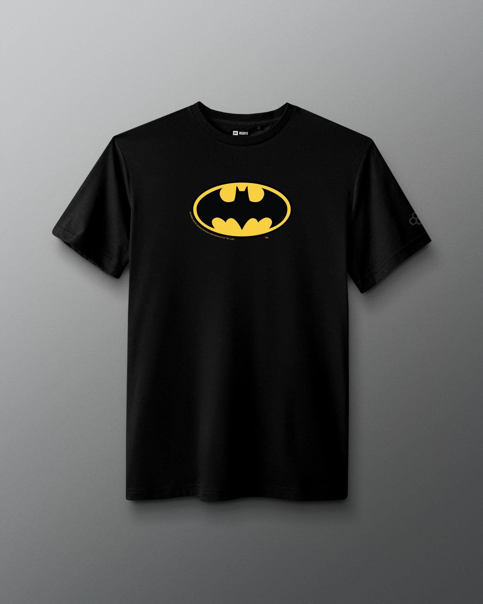 RUDIS Batman Icon Elite Super Soft T-Shirt in black with yellow Batman logo centered on the chest.