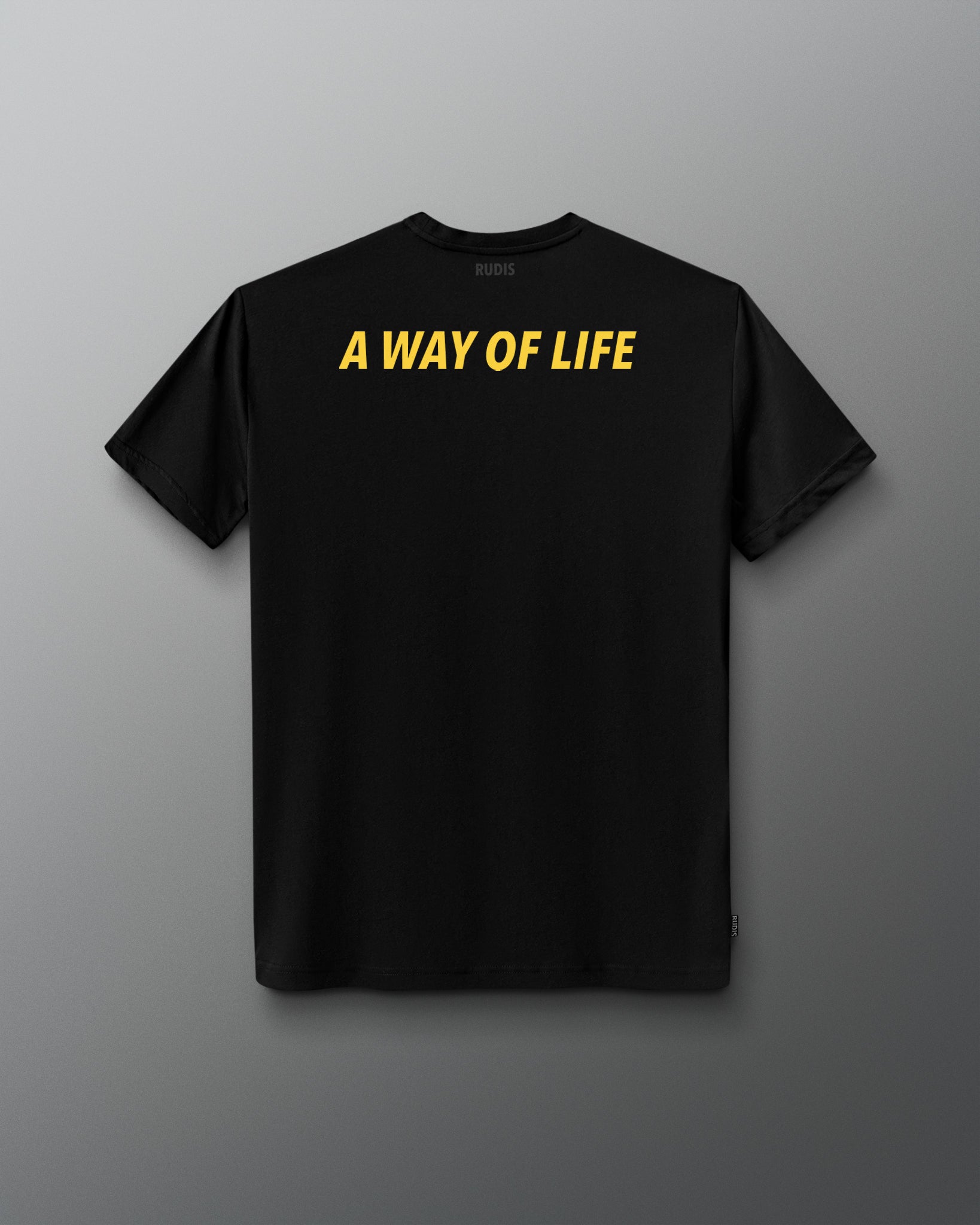 Back of the RUDIS Batman Icon Elite Super Soft T-Shirt in black with yellow A WAY OF LIFE graphic across the shoulders.