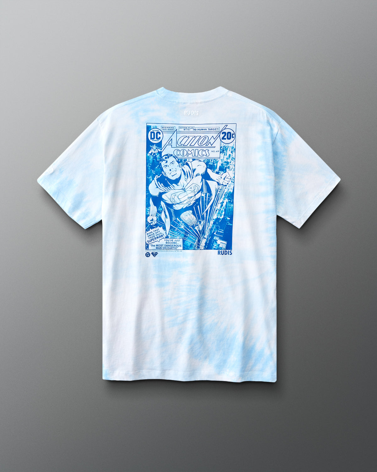 Back of RUDIS Superman Comic Classic Cotton T-Shirt in blue tie-dye featuring a vintage Action Comics Superman graphic.