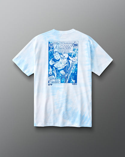 Back of RUDIS Superman Comic Classic Cotton T-Shirt in blue tie-dye featuring a vintage Action Comics Superman graphic.