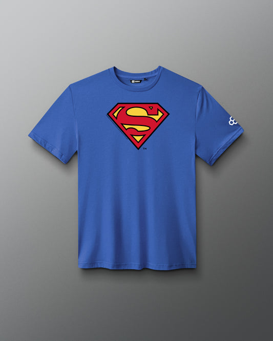 RUDIS Superman Icon Elite Supersoft T-Shirt in royal blue featuring the classic red and yellow Superman shield graphic.