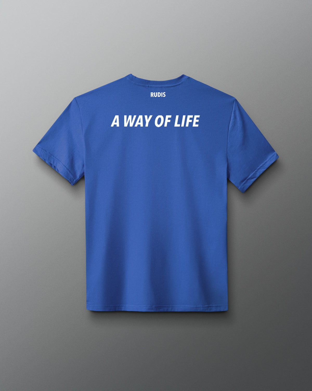 Back of RUDIS Superman Icon Elite Supersoft T-Shirt in royal blue featuring white RUDIS branding and “A Way of Life” graphic.