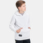 A young boy models a stylish white hoodie featuring a front pocket and a branded label from Rudis paired with dark trousers