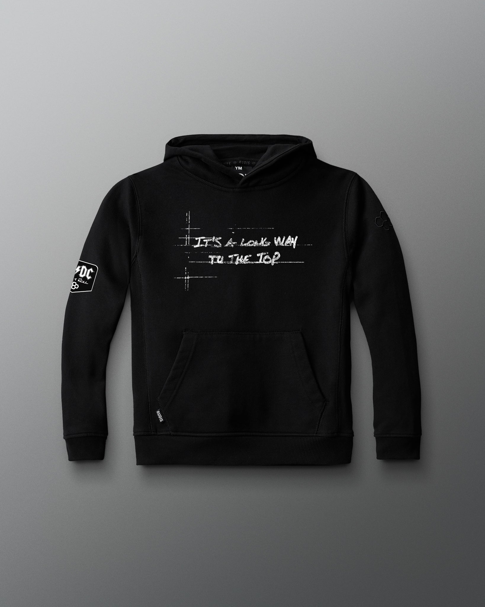 Black hoodie with text and logo on a gray background
