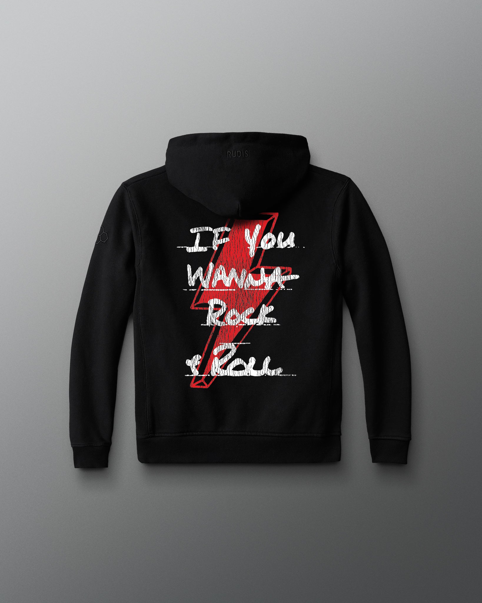 Black hoodie with a red lightning bolt and white text on the back against a gray background