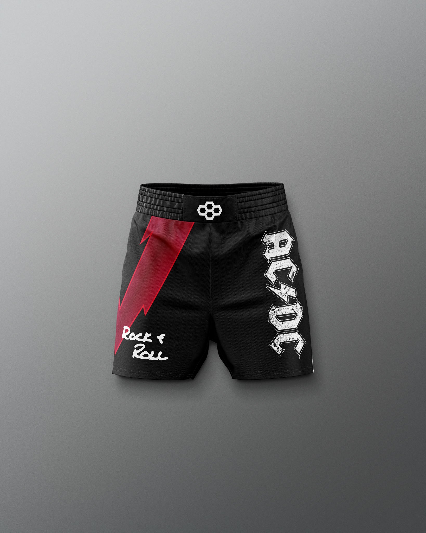 Black shorts with AC/DC logo and 'Rock & Roll' text on a gray background