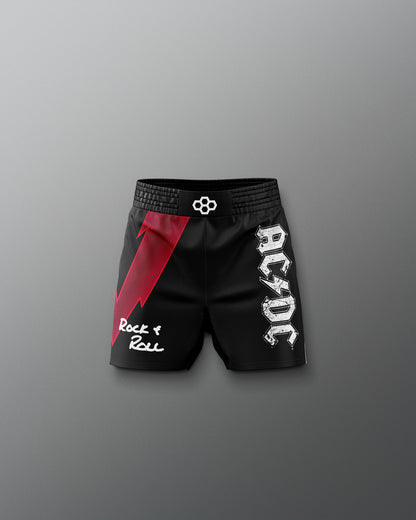 Black shorts with AC/DC logo and 'Rock & Roll' text on a gray background
