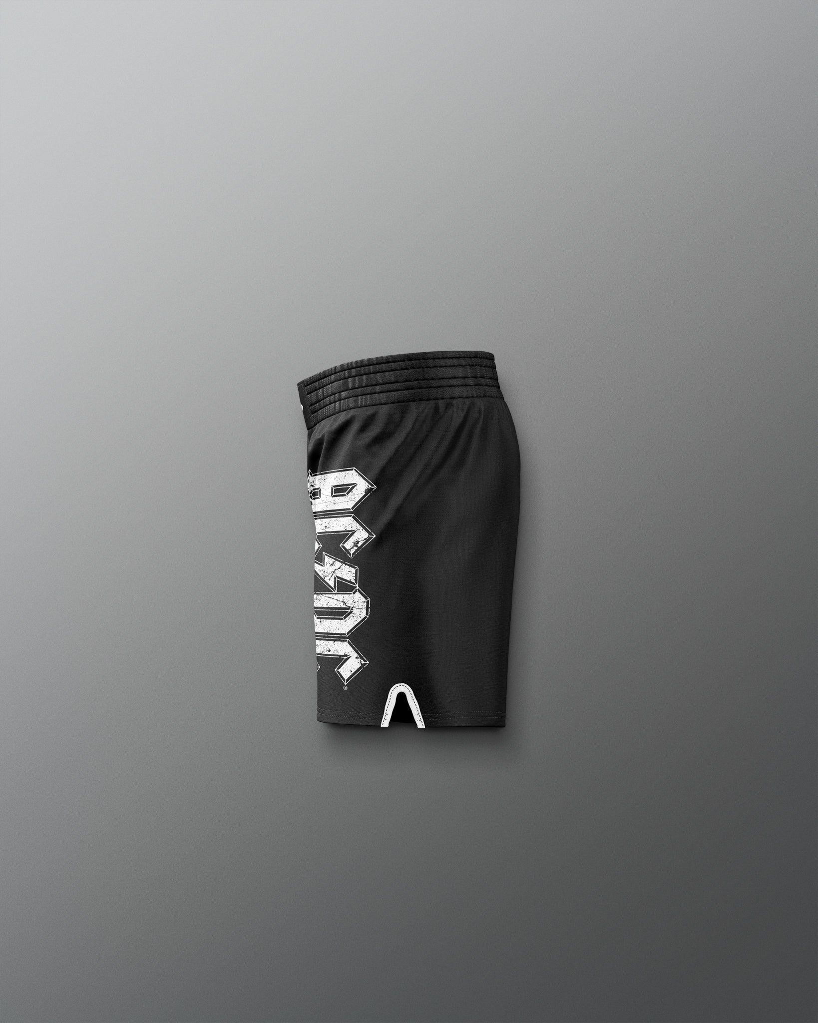 Black shorts with a logo on a gray background