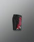 Black shorts with a red and white logo on a gray background