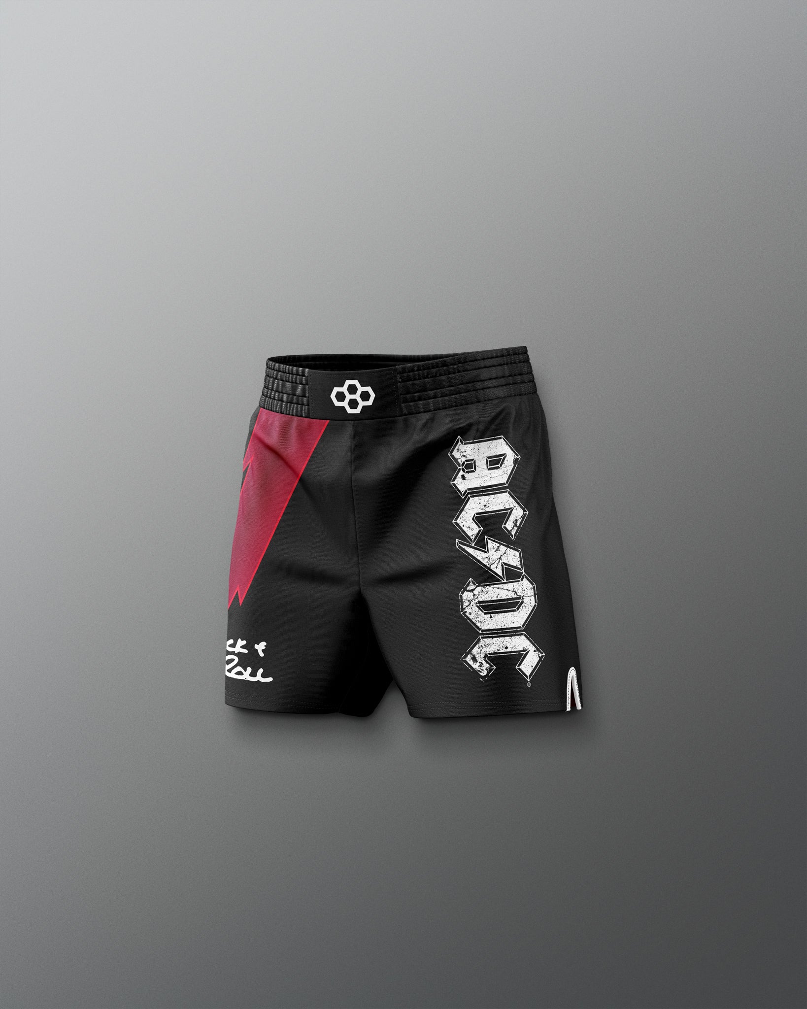 Black shorts with red accent and AC/DC logo on a gray background