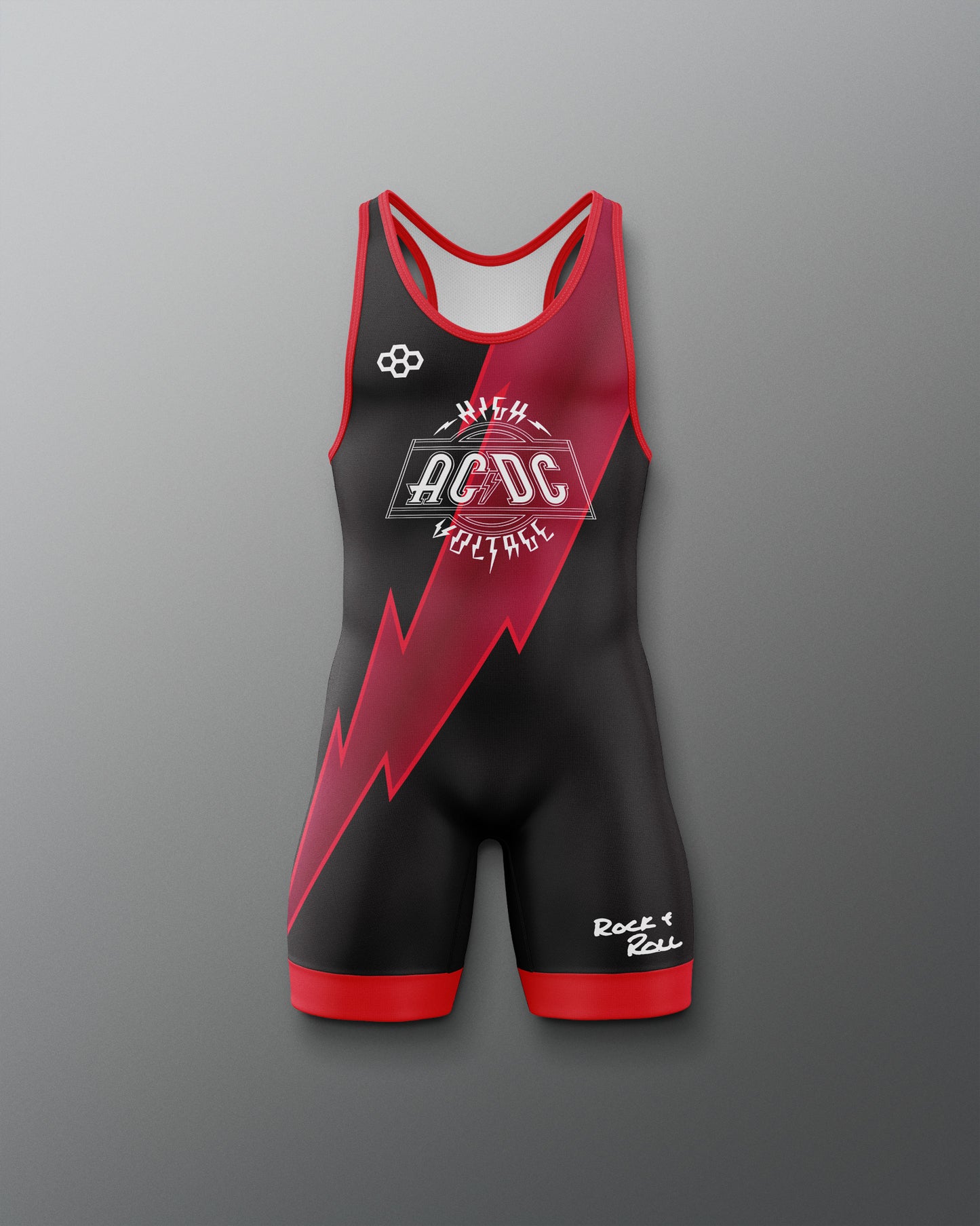 Black and red wrestling singlet with AC/DC logo on a gray background