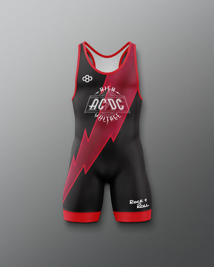 Black and red wrestling singlet with AC/DC logo on a gray background