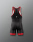Black and red athletic suit with a logo on a gray background