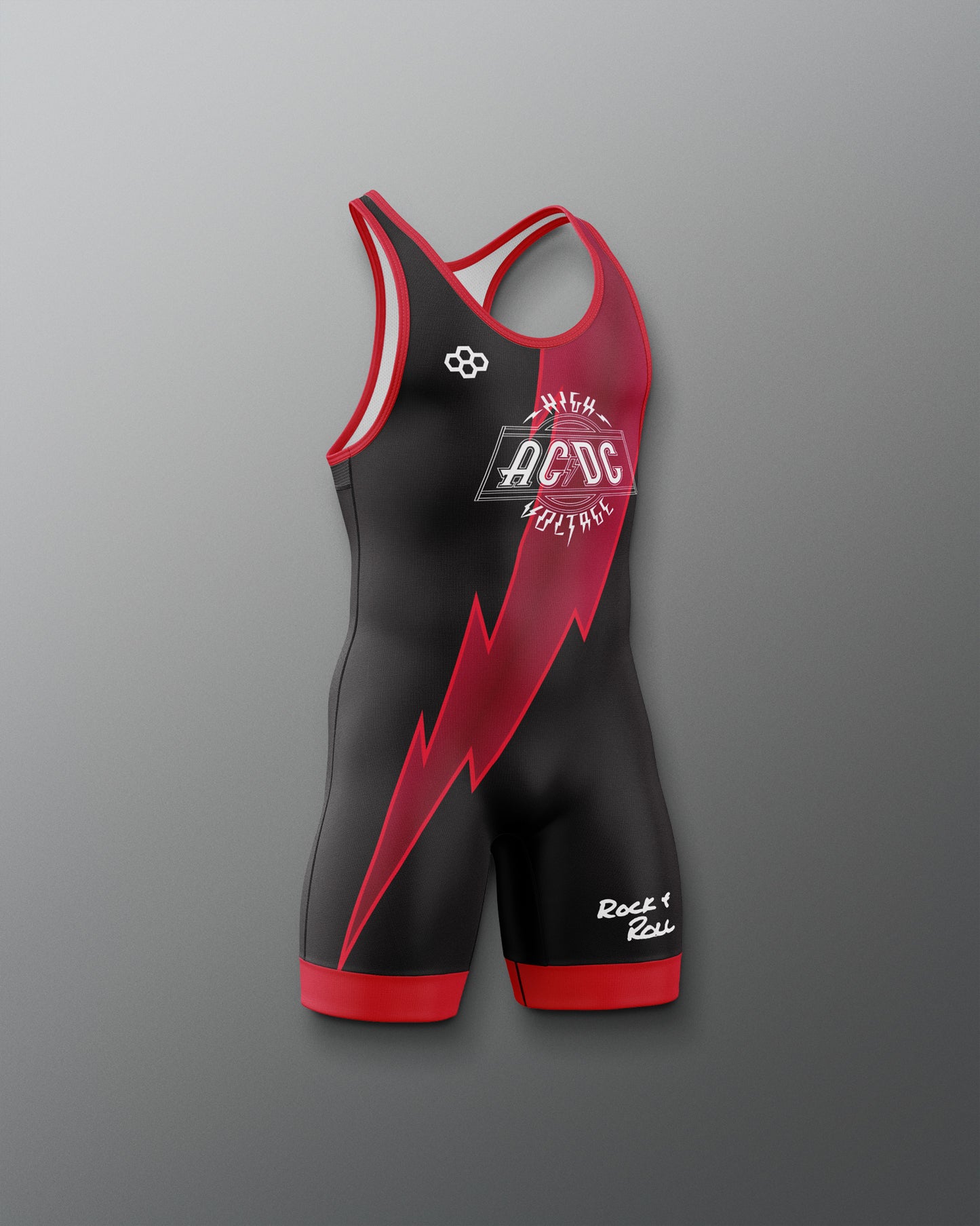 Black and red wrestling singlet with AC/DC logo on a gray background