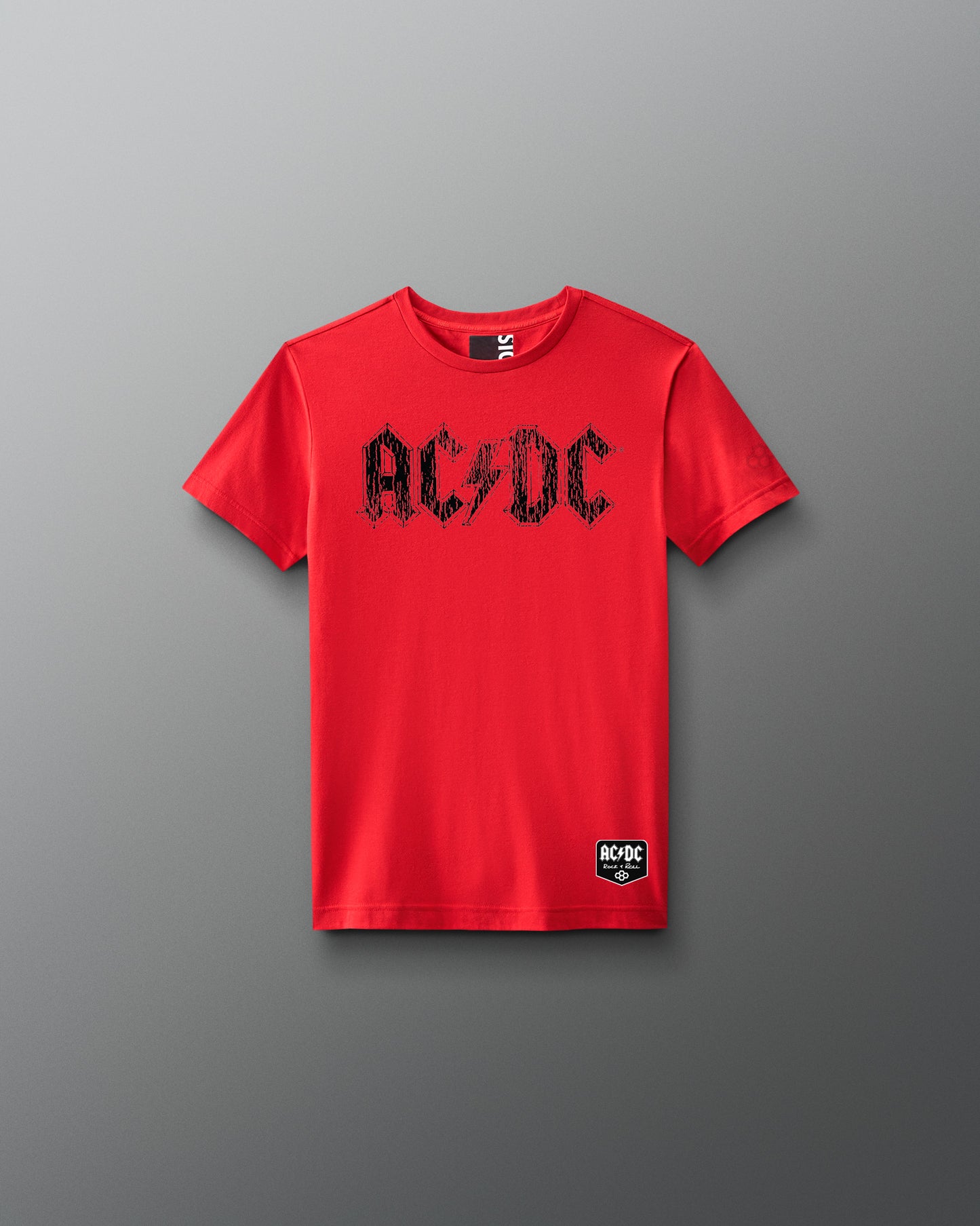 Red t-shirt with AC/DC logo on a gray background