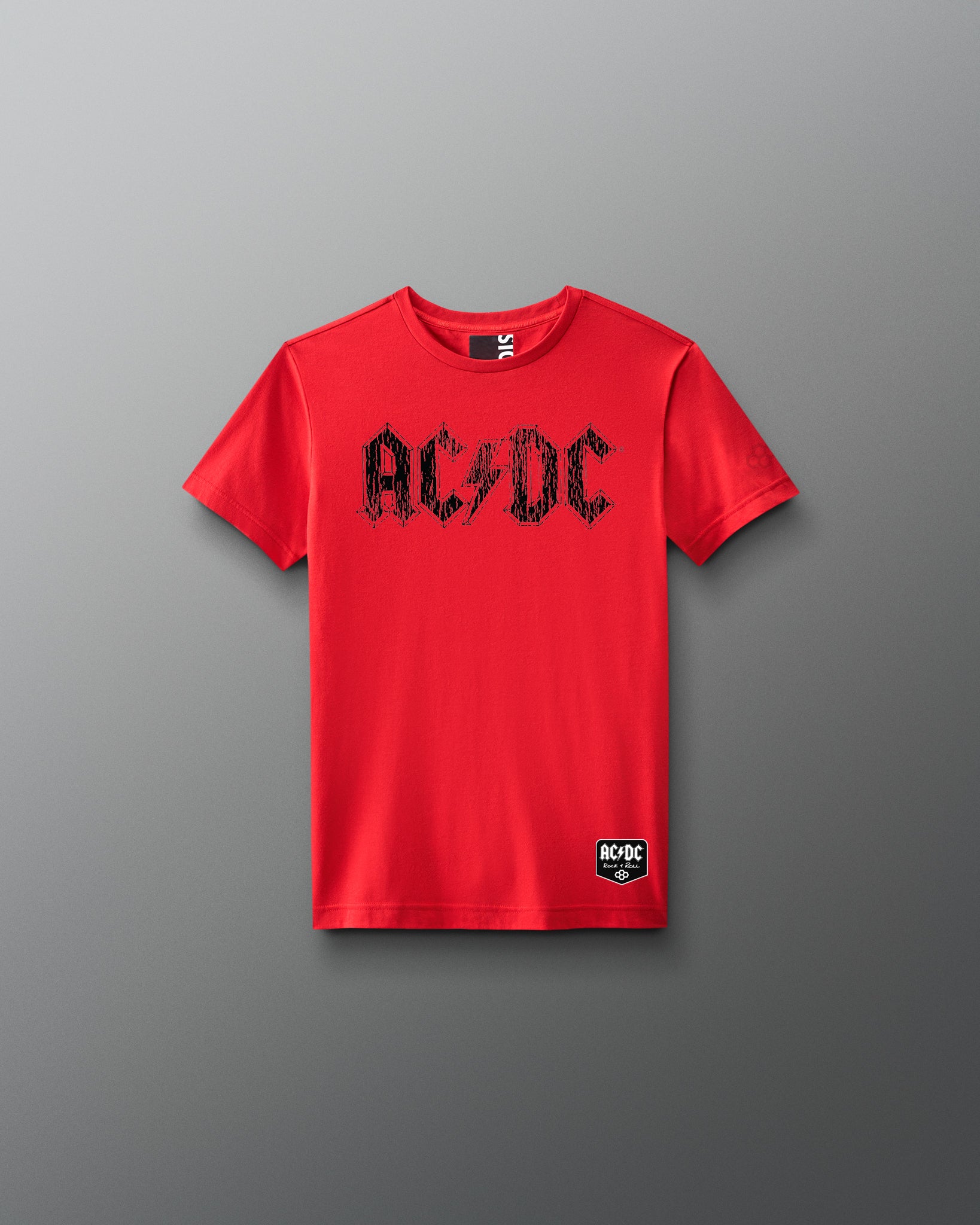 Red t-shirt with AC/DC logo on a gray background