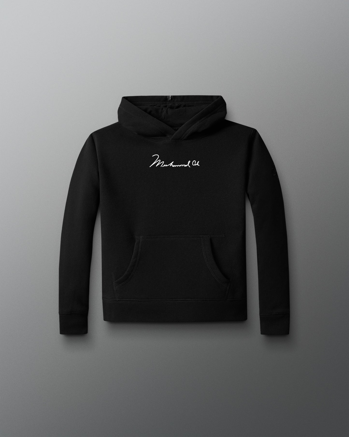 Black hoodie with a brand logo on a gray background