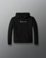 Black hoodie with a brand logo on a gray background