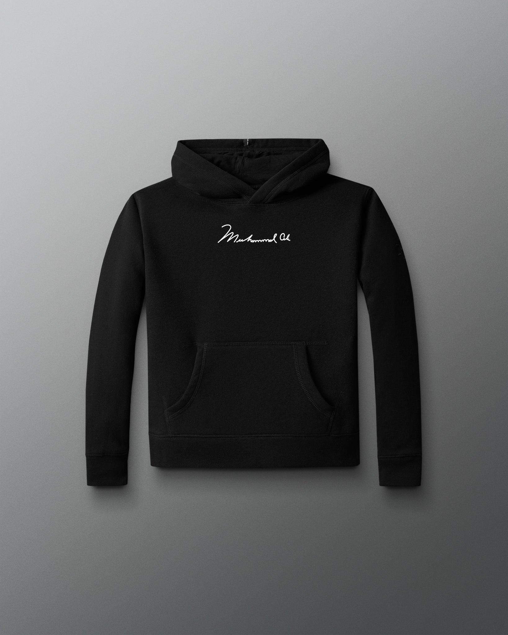 Black hoodie with a brand logo on a gray background