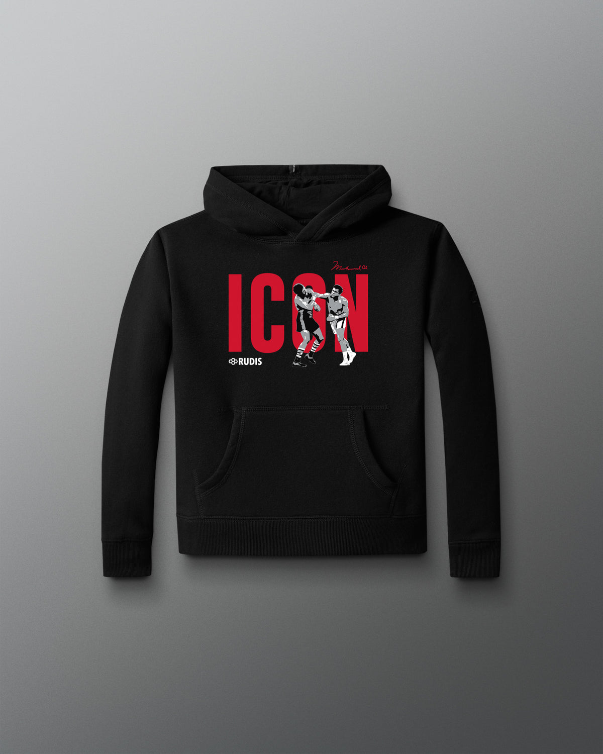 RUDIS Muhammad Ali Icon Youth Comfort Fleece Hoodie in black with a red ICON graphic, Muhammad Ali boxing imagery, hood, and kangaroo pocket.