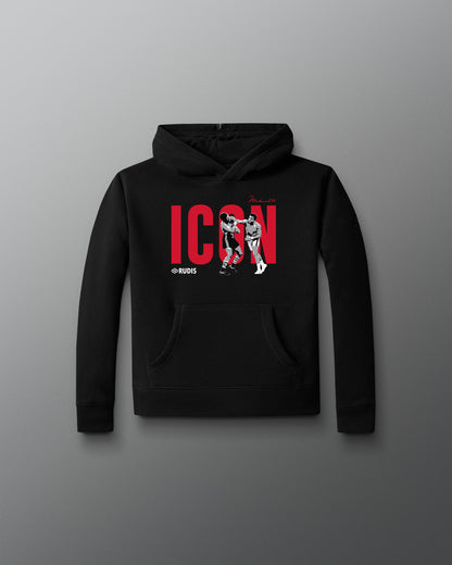 RUDIS Muhammad Ali Icon Youth Comfort Fleece Hoodie in black with a red ICON graphic, Muhammad Ali boxing imagery, hood, and kangaroo pocket.