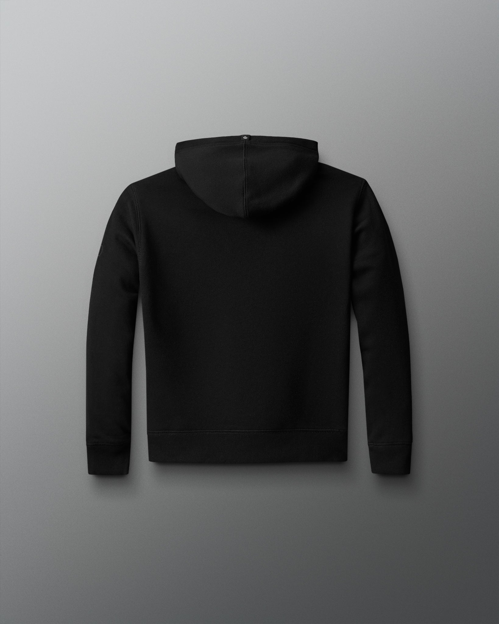 Back view of the black RUDIS Muhammad Ali Icon Youth Comfort Fleece Hoodie with a clean, minimal design and pullover hood.