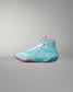 Turquoise and pink Wrestling Shoe on a gray background