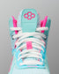 Light blue and pink Wrestling Shoe with white laces on a gray background