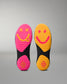 Two pairs of colorful wrestling shoe soles with smiley face designs on a gray background