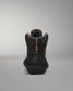 Black wrestling shoe with red and blue accents on a gray background
