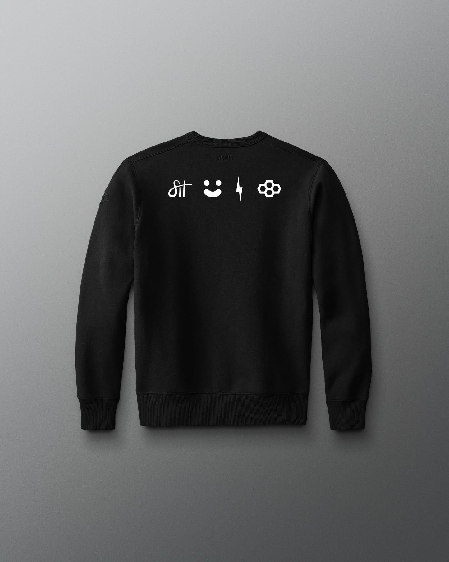 Black sweatshirt with white symbols on a gray background