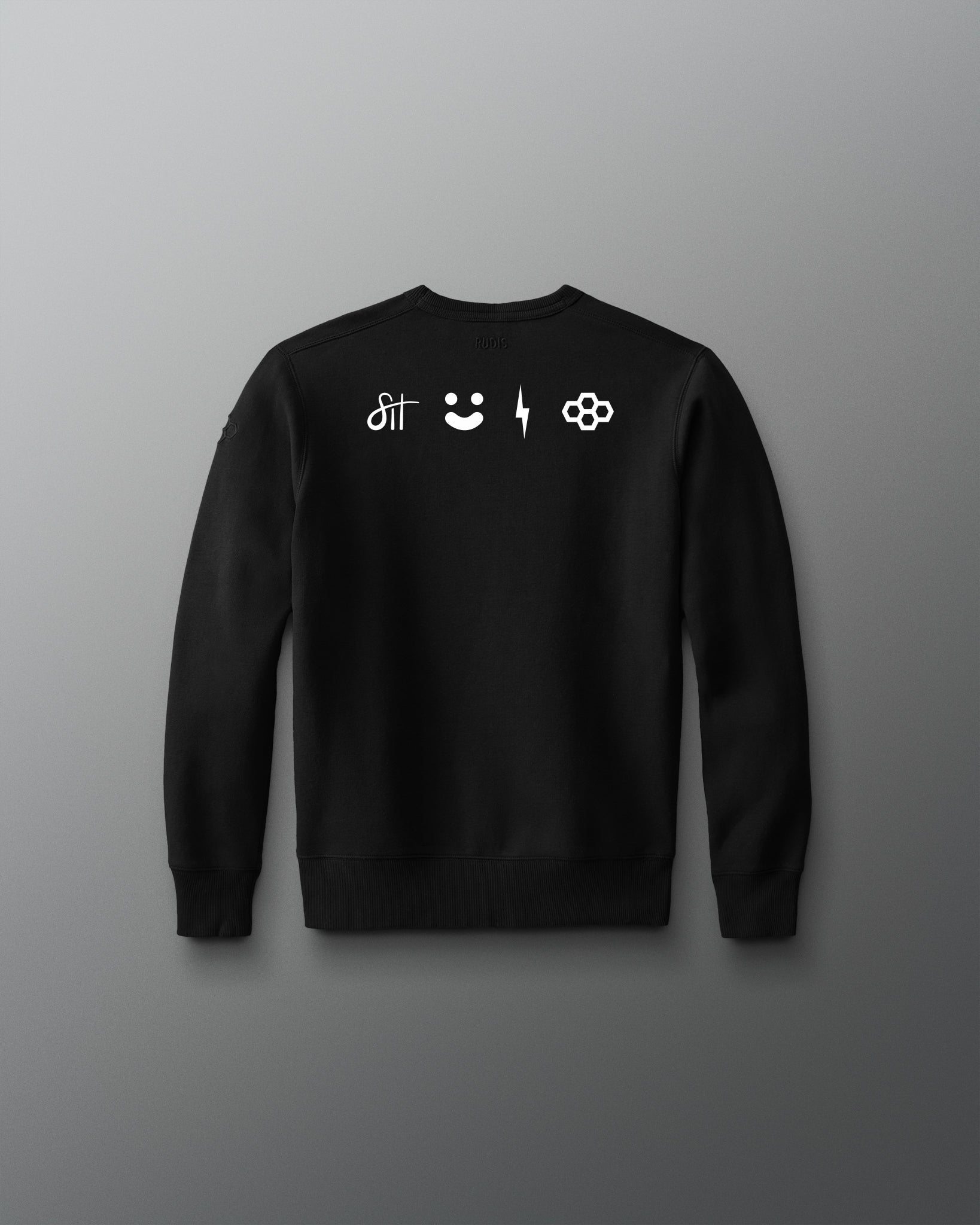 Black sweatshirt with white symbols on a gray background