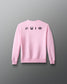 Pink sweatshirt with black designs on the back against a gray background
