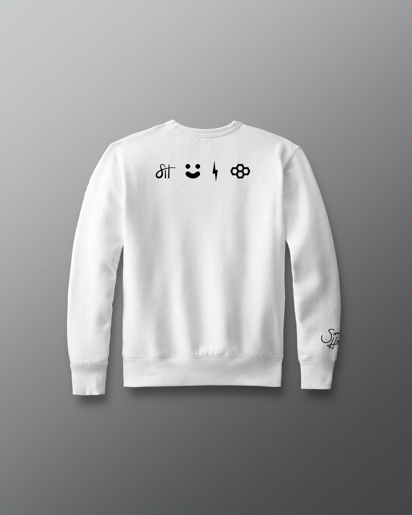 White sweatshirt with black graphics on a gray background
