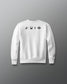 White sweatshirt with black graphics on a gray background