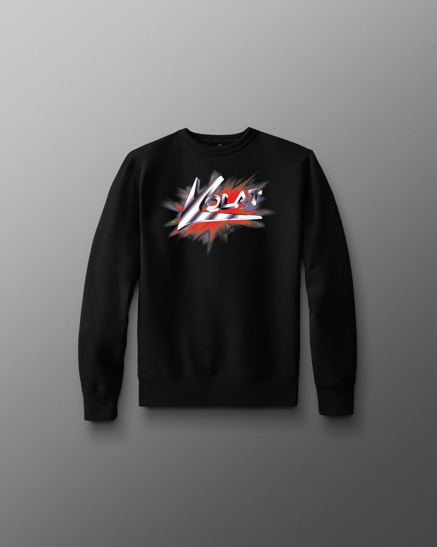 Black sweatshirt with colorful graphic design on a gray background