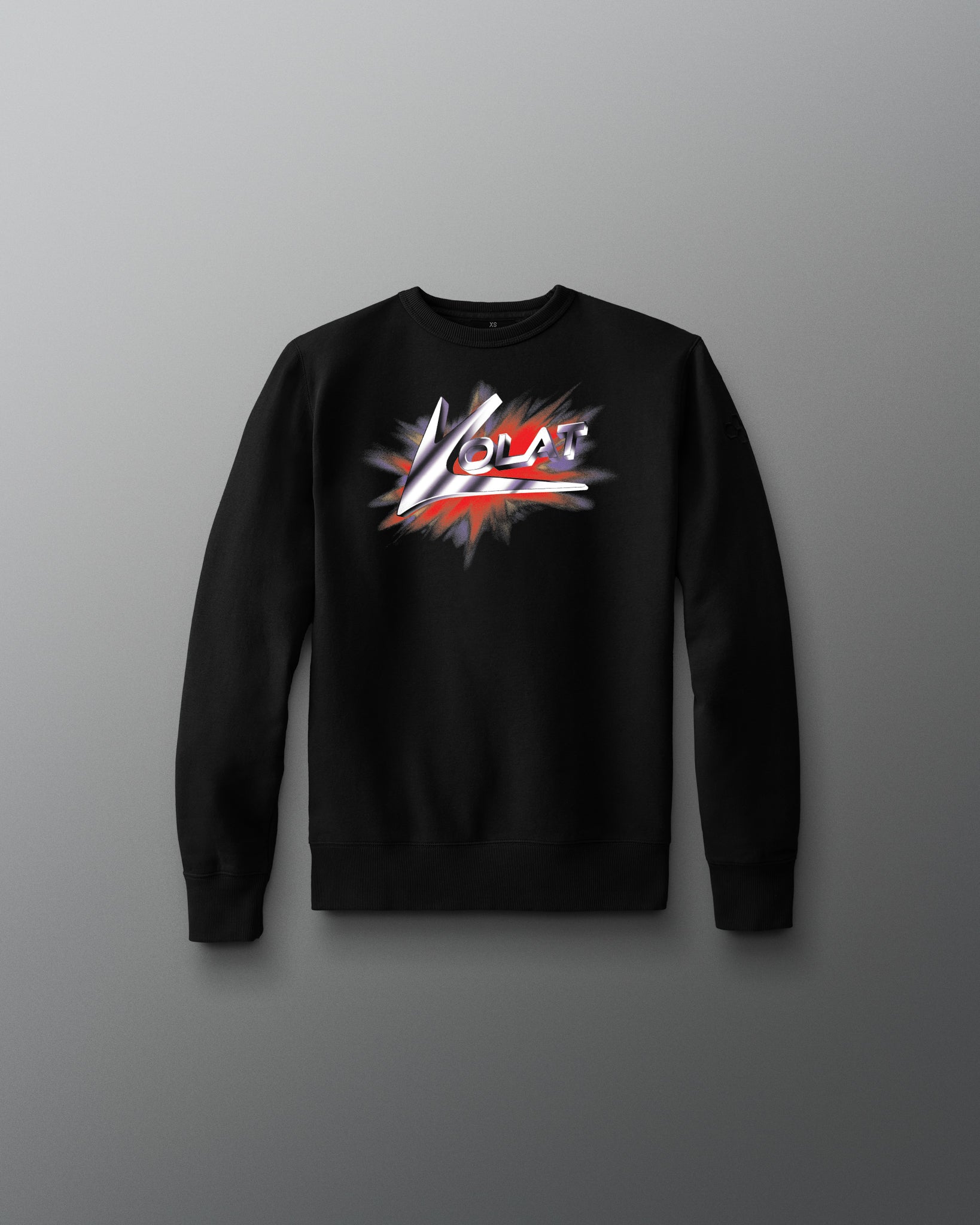 Black sweatshirt with colorful graphic design on a gray background