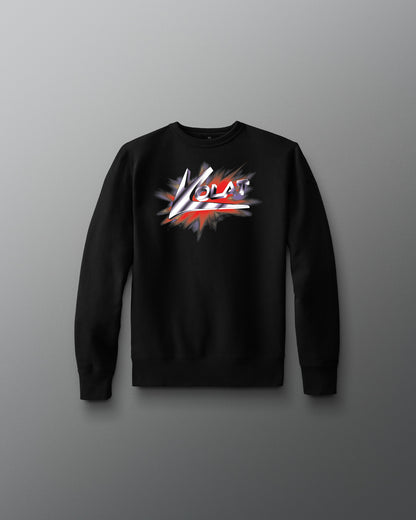 Black sweatshirt with colorful graphic design on a gray background