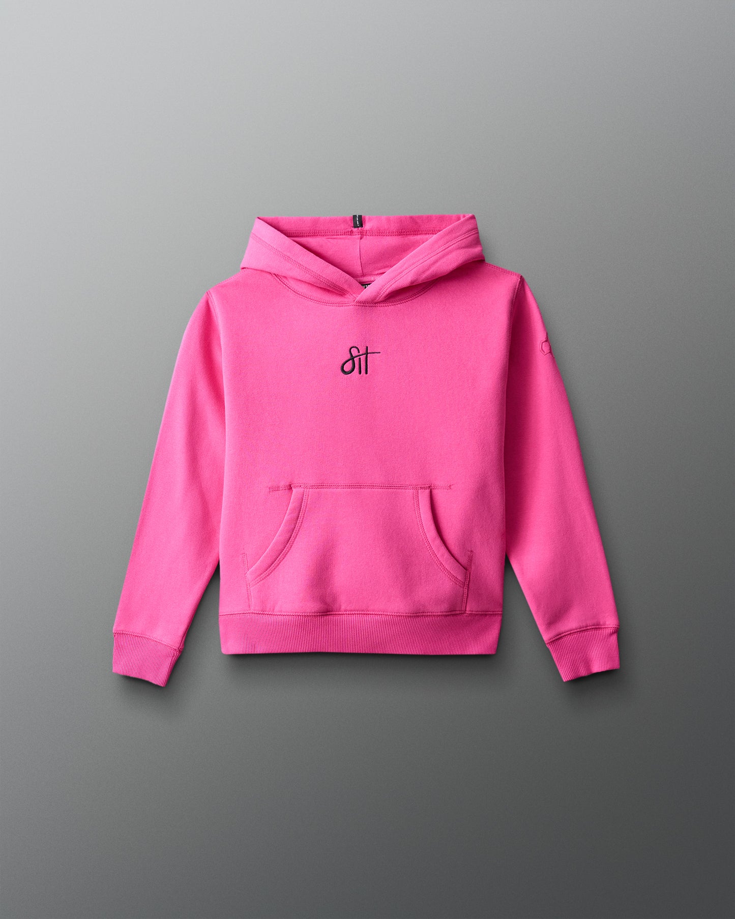 Pink hoodie with a brand logo on a gray background