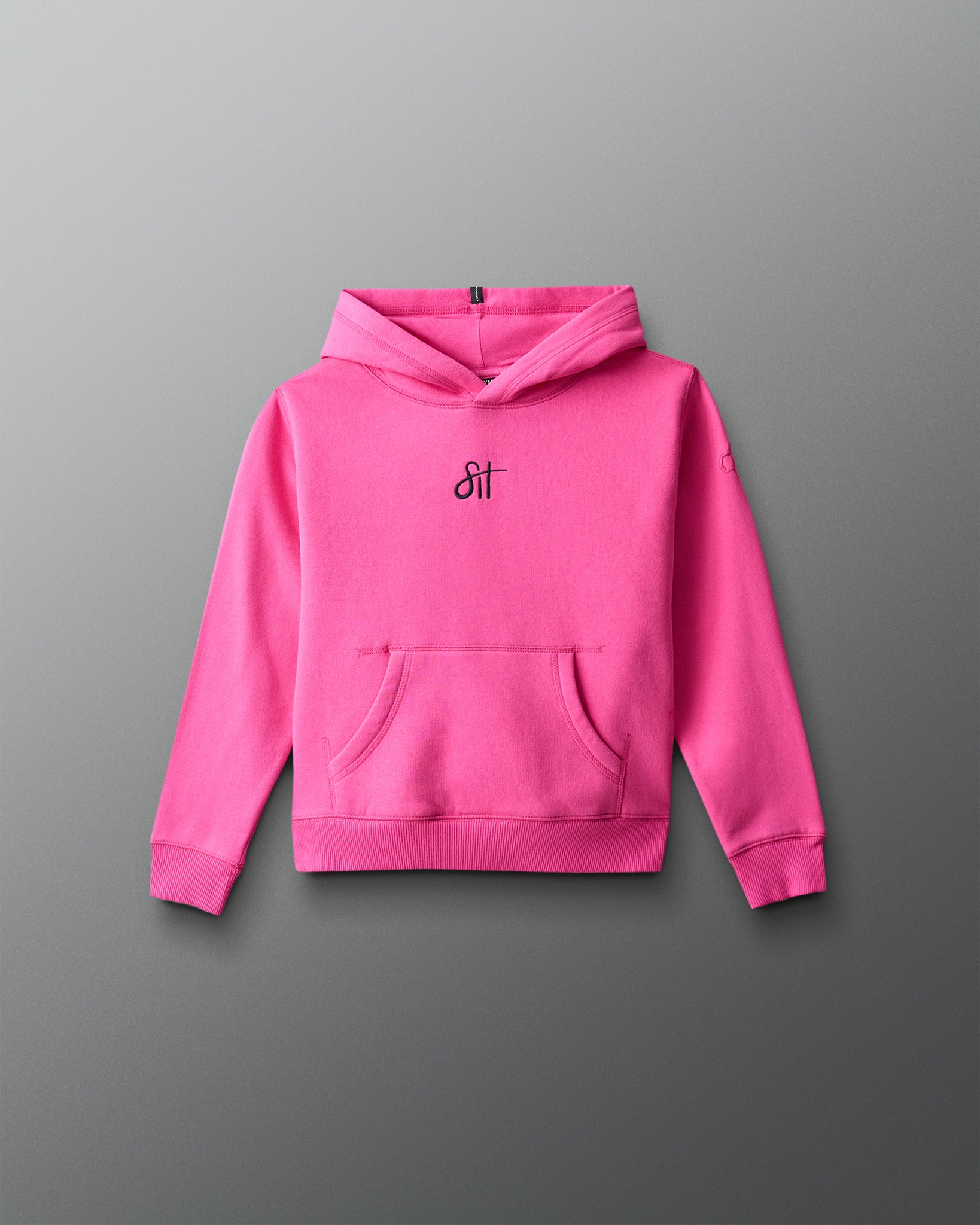 Pink hoodie with a brand logo on a gray background