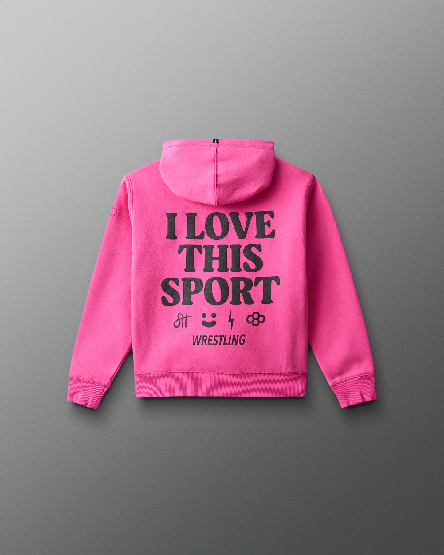 Pink hoodie with 'I Love This Sport Wrestling' text on the back against a gray background