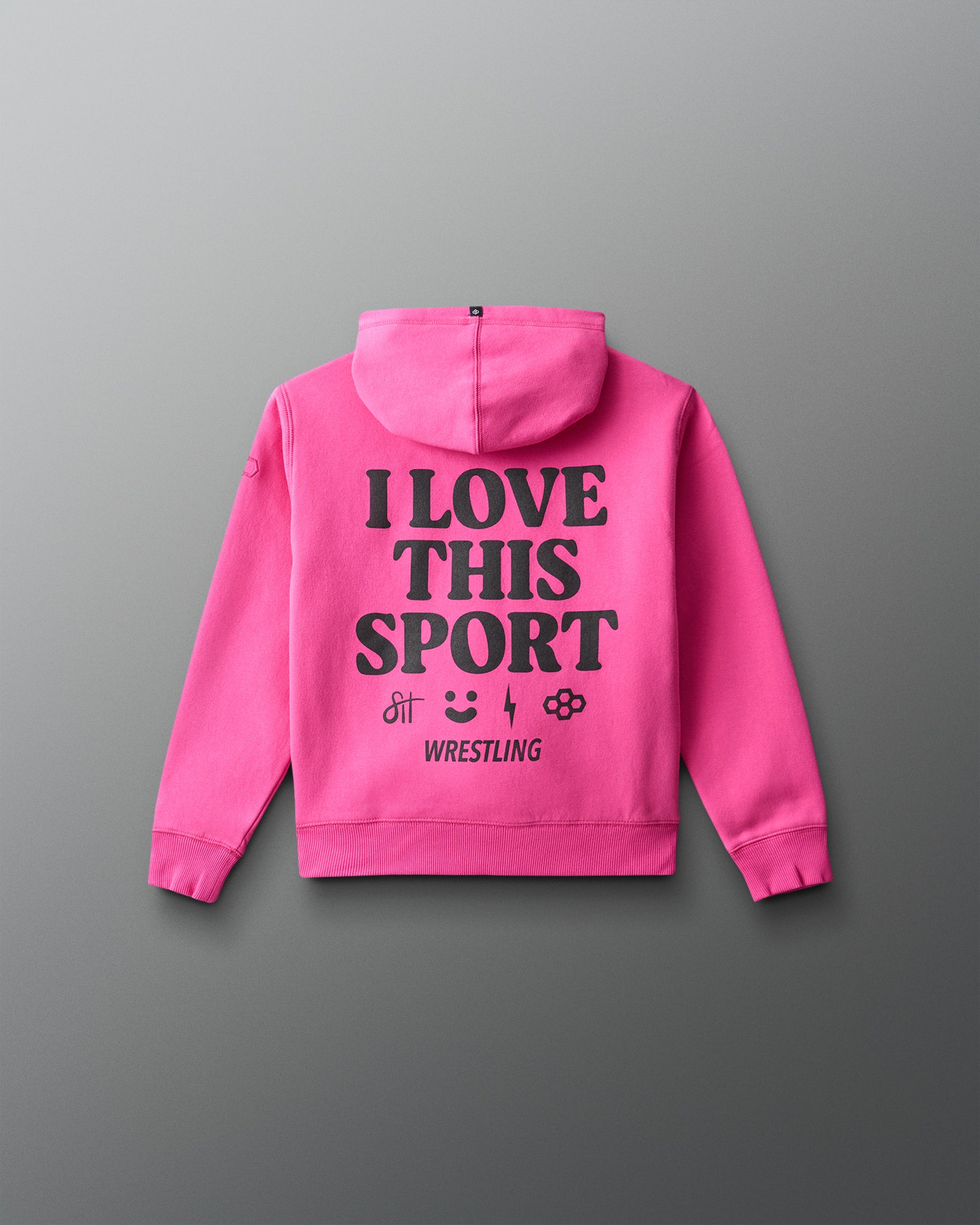 Pink hoodie with 'I Love This Sport Wrestling' text on the back against a gray background