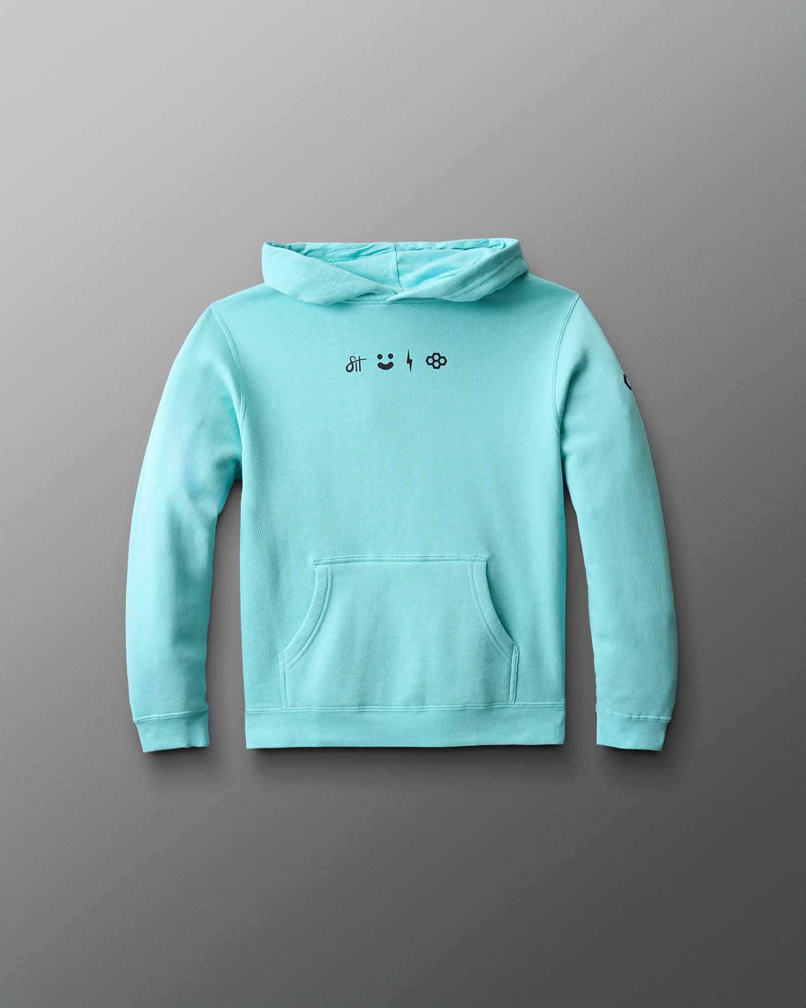 Turquoise hoodie with black graphics on a gray background