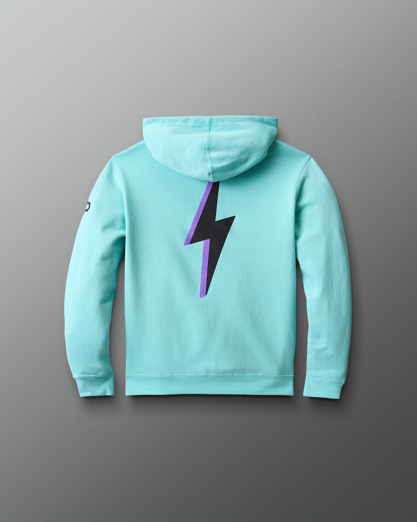 Light blue hoodie with a black and purple lightning bolt design on the back against a gray background