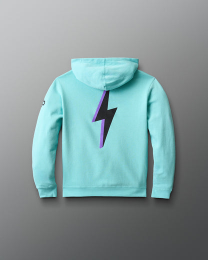 Light blue hoodie with a black and purple lightning bolt design on the back against a gray background